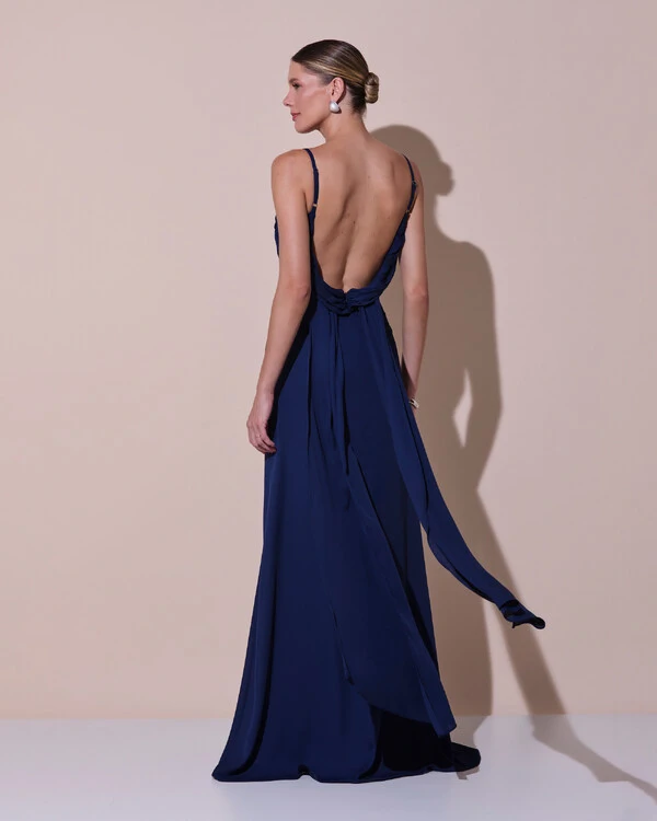 Vestido de Festa Longo Crepe Chiffon Costas Lenço Cauda Azul Marinho New