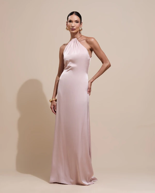 Vestido de Festa Longo Cetim Fluido com Argola Frente Única Rosa Nude
