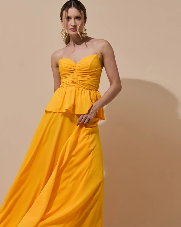 Vestido de Festa Longo Crepe Chiffon Tomara que Caia Peplum Drapeado Laranja Manga New