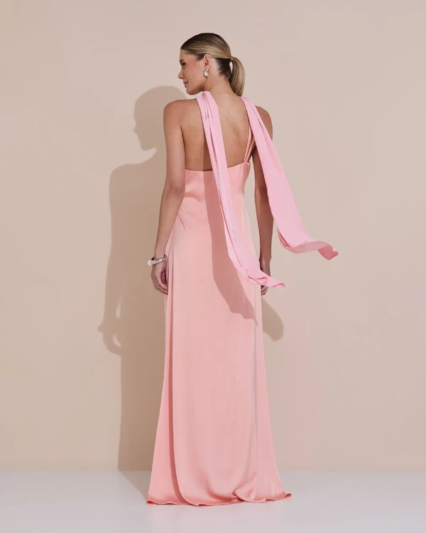 Vestido de Festa Longo em Cetim Fluido um Ombro Só com Lenço Rose