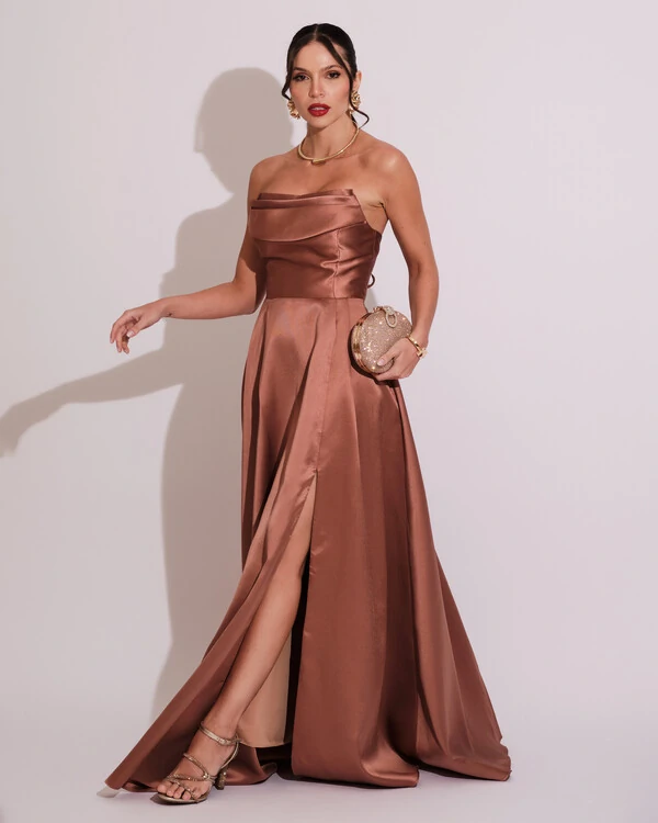 Vestido de Festa Longo Tomara que Caia Trançado Costa em Zibeline Mocha Mousse
