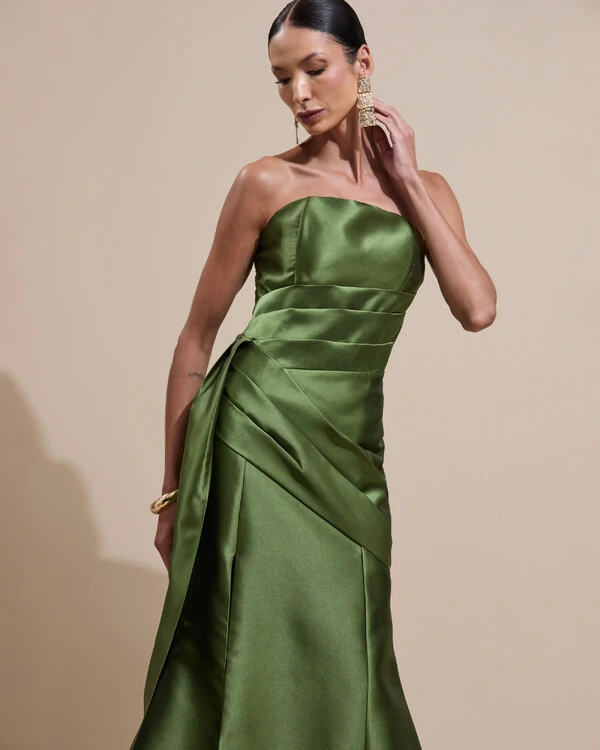 Vestido de Festa Longo Tomara que Caia Zibeline Drapeado e Faixa Verde Oliva New