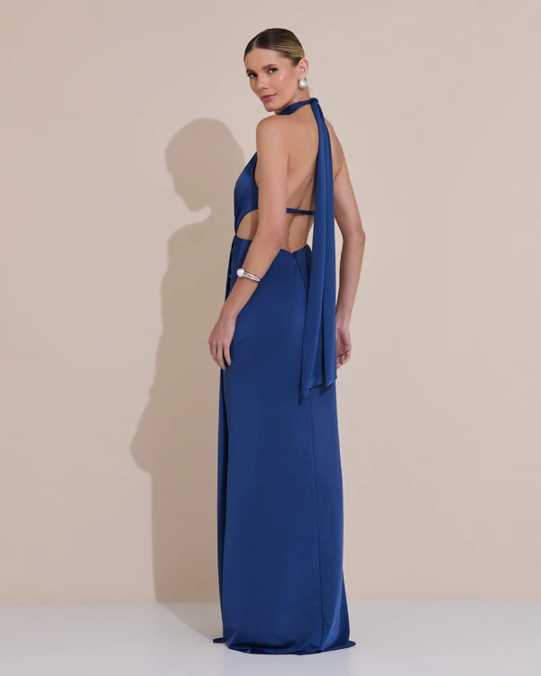 Vestido de Festa Longo Malha Jersey Gola Alta Saia Sereia Azul Marinho