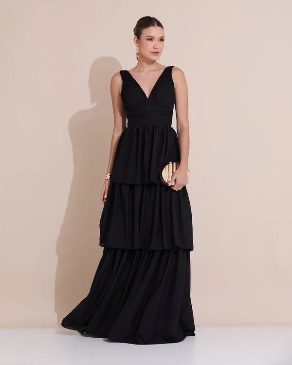 Vestido de Festa Longo Decote V Crepe Chiffon Plissado Camadas Babado Preto