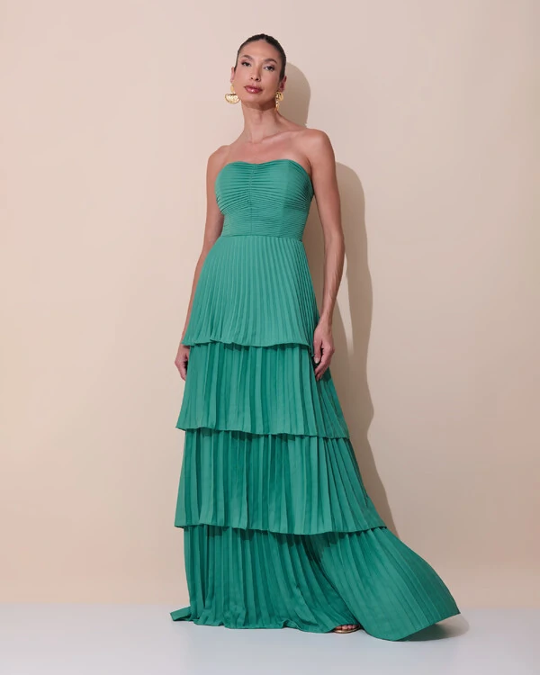 Vestido de Festa Longo Tomara que Caia Crepe Chiffon Plissado Camadas Verde Matcha Escuro