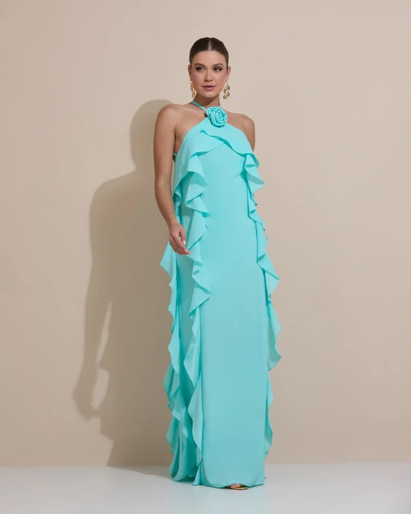 Vestido de Festa Longo Crepe Chiffon Frente Única Babados Cascata e Flor Tiffany
