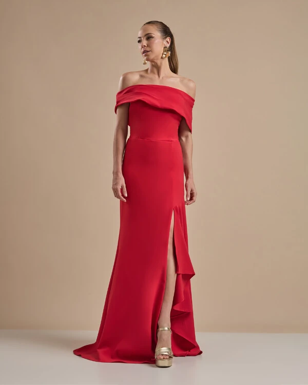 Vestido de Festa Longo Alfaiataria Ombro a Ombro com Babado Cascata Vermelho