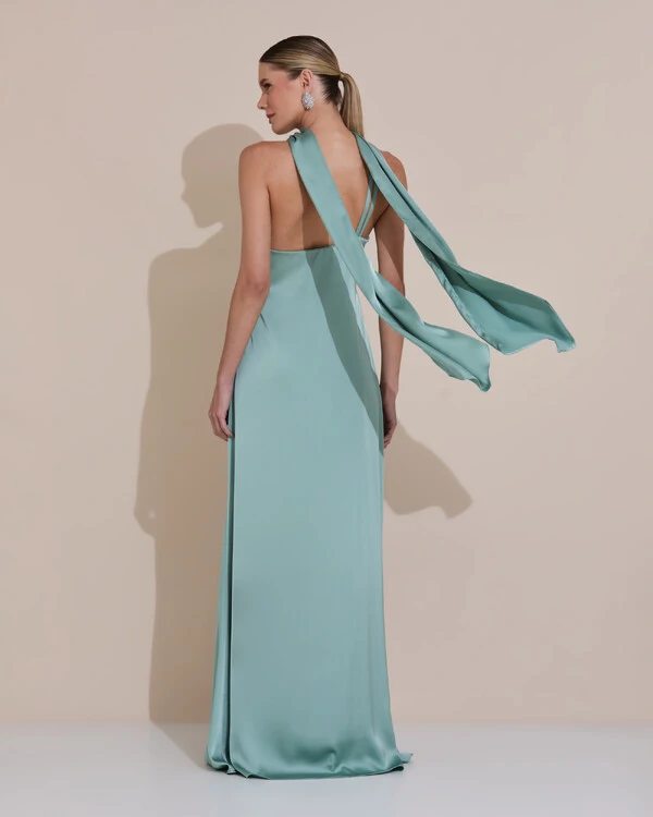 Vestido de Festa Longo em Cetim Fluido um Ombro Só com Lenço Verde Menta