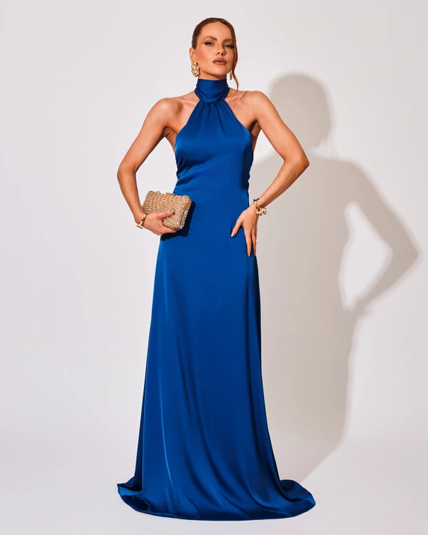 Vestido de Festa Gola Alta com Decote nas Costas Acetinado Azul Royal
