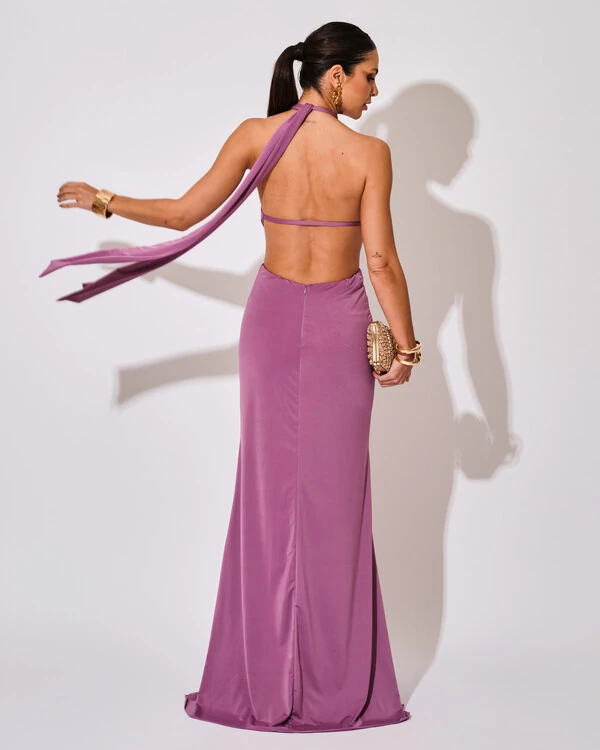 Vestido de Festa Longo Malha Jersey Gola Alta Saia Sereia Lilás