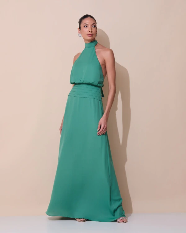 Vestido de Festa Longo Frente Única Busto Blousê Crepe Chiffon Drapeado Verde Matcha Escuro