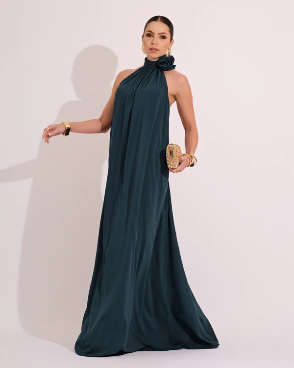 Vestido Longo Crepe Chiffon Frente Única Fluido Flor Removível Verde Escuro
