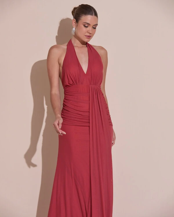 Vestido de Festa Longo Frente Única Decote V Tule Drapeado Faixa Terracota