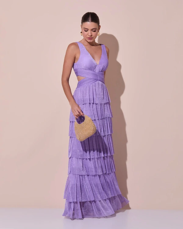 Vestido De Festa Longo Decote V Tule Brilho Recortes Camadas Lilás