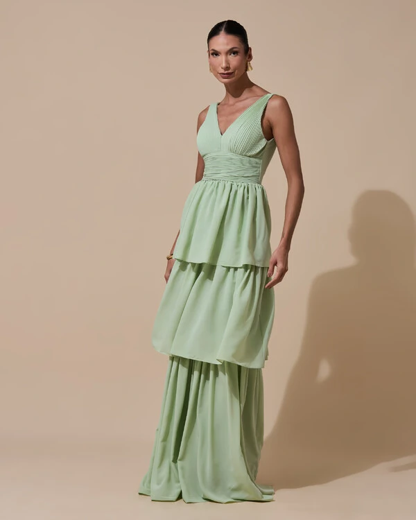 Vestido de Festa Longo Decote V Crepe Chiffon Plissado Camadas Babado Verde Menta New