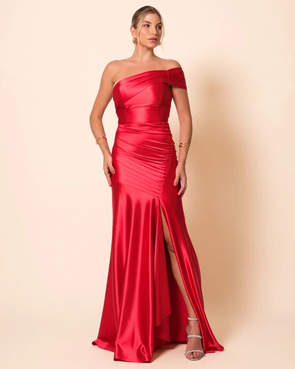 Vestido de Festa Longo Cetim Malha Metálico Ombro a Ombro Vermelho