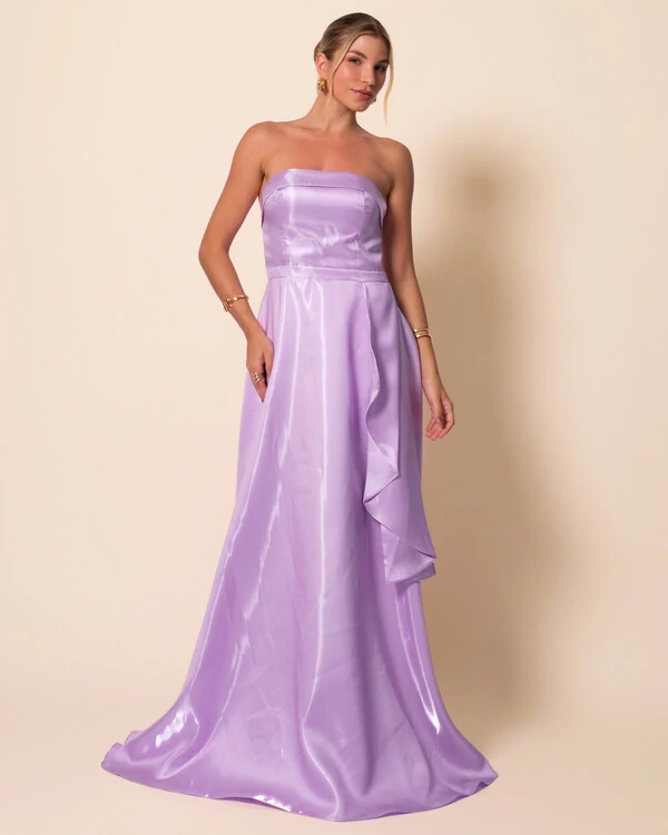 Vestido de Festa Longo Cetim Cristal Tomara que Caia Detalhe Lilás