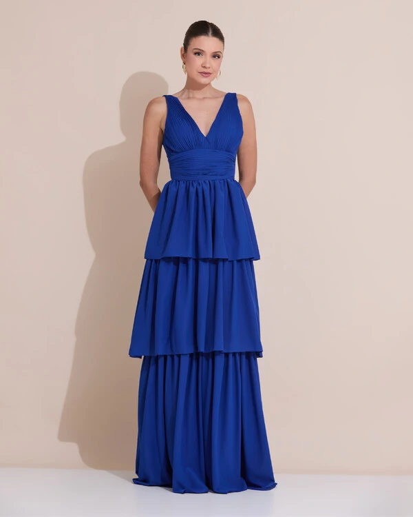 Vestido de Festa Longo Decote V Crepe Chiffon Plissado Camadas Babado Azul Royal