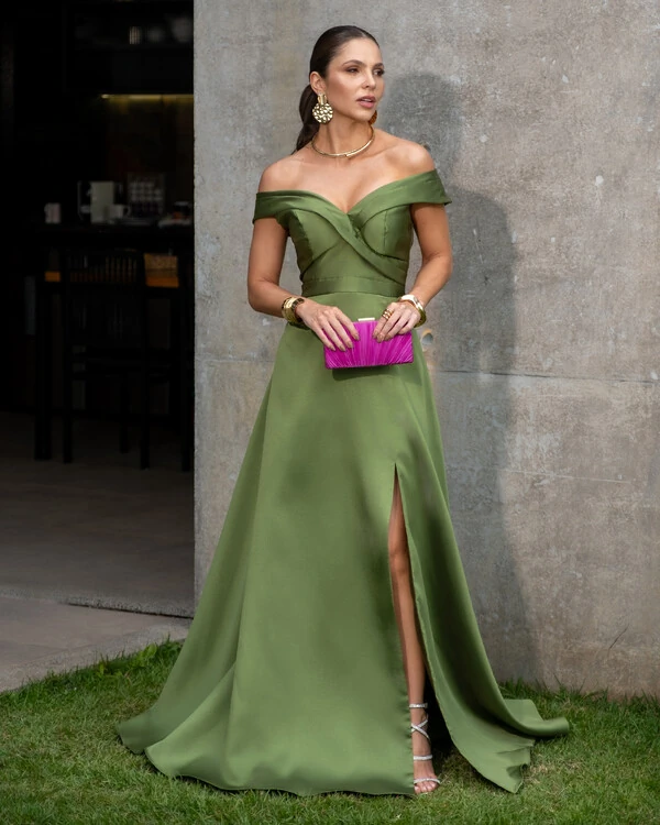 Vestido de Festa Longo Zibeline Ombro a Ombro com Fenda Verde Oliva