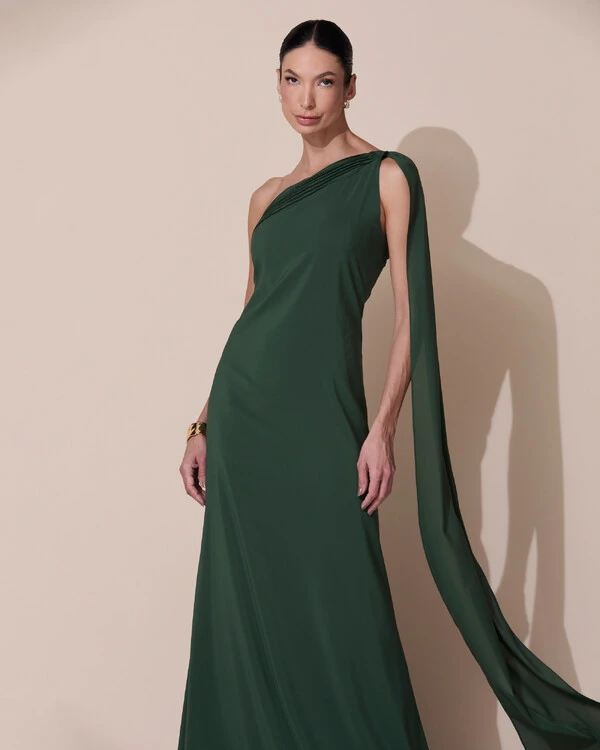 Vestido de Festa Longo Crepe Chiffon Um Ombro Só Drapeado Verde Escuro New