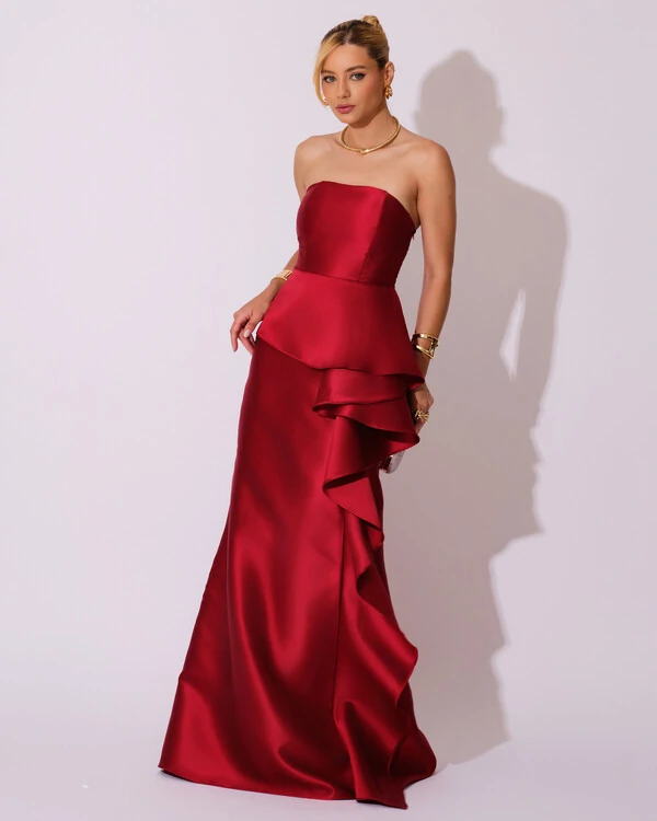 Vestido de Festa Longo Tomara que Caia Babado Cascata Marsala