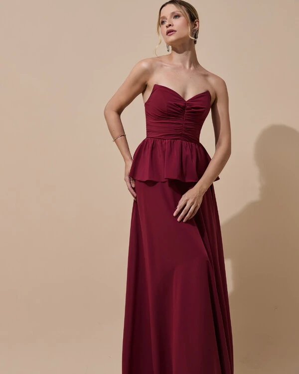 Vestido de Festa Longo Crepe Chiffon Tomara que Caia Peplum Drapeado Marsala New