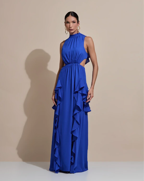 Vestido de Festa Longo Gola Alta Crepe Chiffon Recortes Babados Cascata Azul Royal