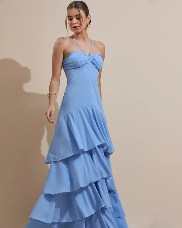 Vestido Longo Crepe com Babado em Camadas Serenity