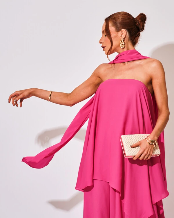 Vestido de Festa Longo Chiffon Crepe em Camadas com Lenço Pink