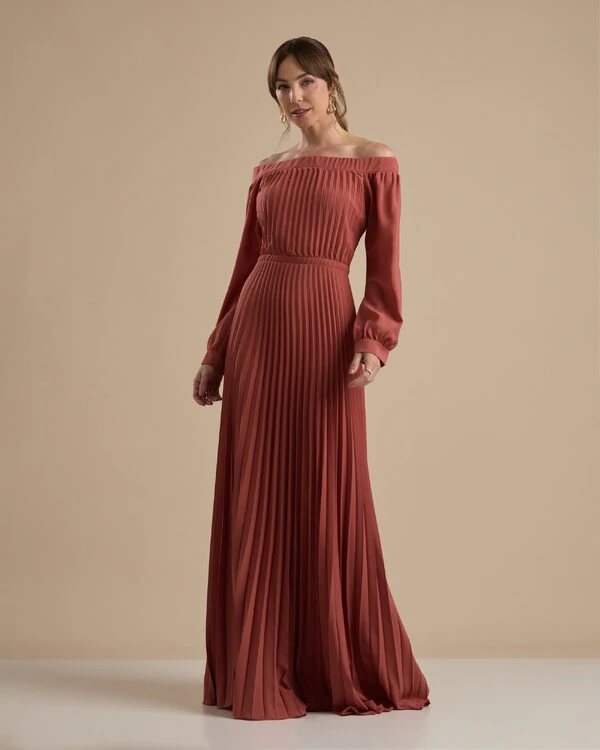 Vestido de Festa Longo Crepe Chiffon Plissado Ombro a Ombro Terracota