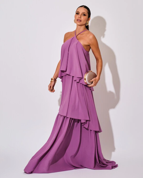 Vestido Longo Babado em Camadas Fúcsia