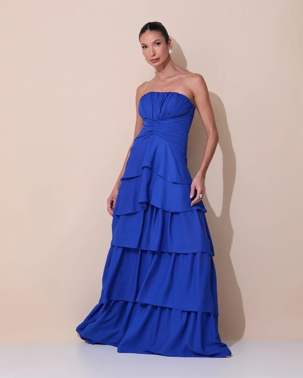 Vestido de Festa Longo Tomara que Caia Drapeado Crepe Chiffon Babados Camadas Azul Royal