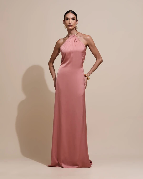 Vestido de Festa Longo Cetim Fluido com Argola Frente Única Rosa Blush
