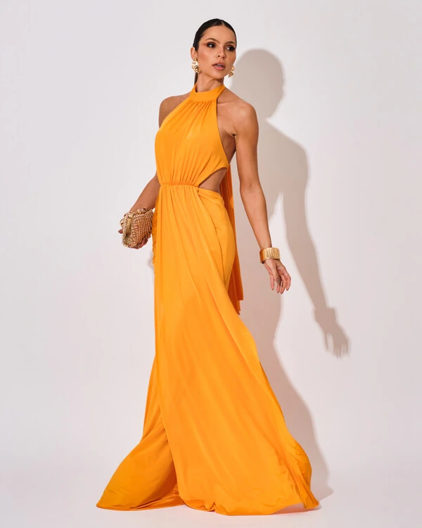 Vestido de Festa Longo Malha Jersey Gola Alta Saia Sereia Laranja Manga