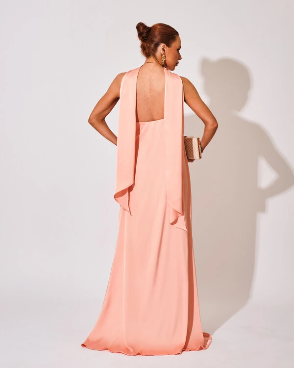 Vestido de Festa Longo em Cetim Fluido um Ombro Só Rose