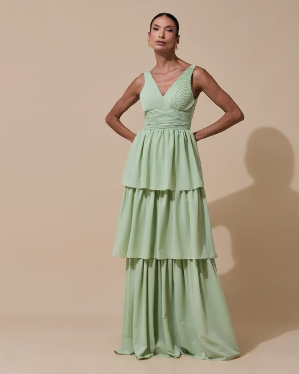 Vestido de Festa Longo Decote V Crepe Chiffon Plissado Camadas Babado Verde Menta New