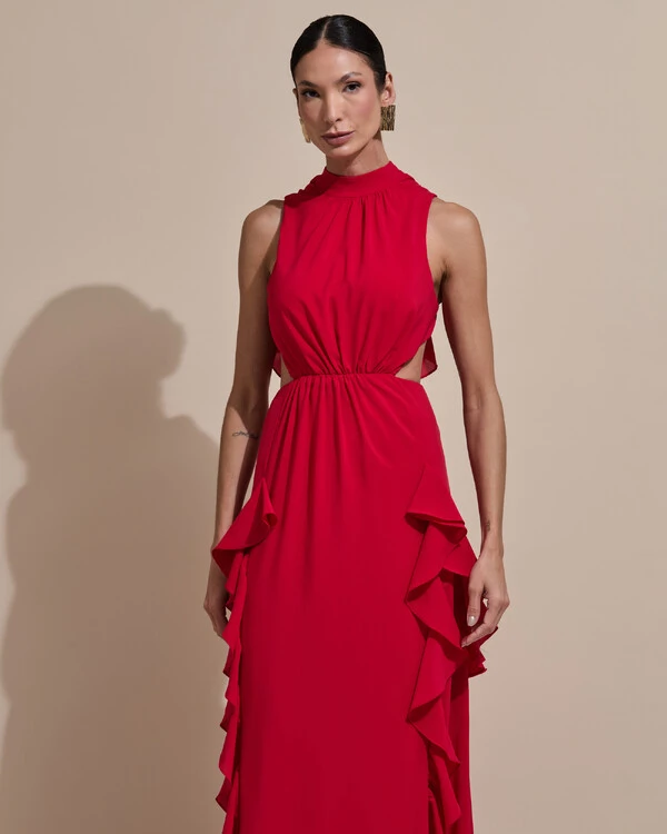 Vestido de Festa Longo Gola Alta Crepe Chiffon Recortes Babados Cascata Vermelho