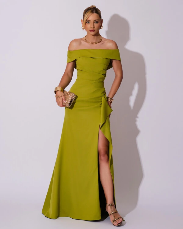 Vestido de Festa Longo Ombro a Ombro com Fenda em Alfaiataria Verde Pistache