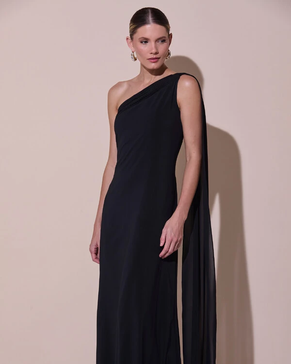 Vestido de Festa Longo Crepe Chiffon Um Ombro Só Drapeado Preto