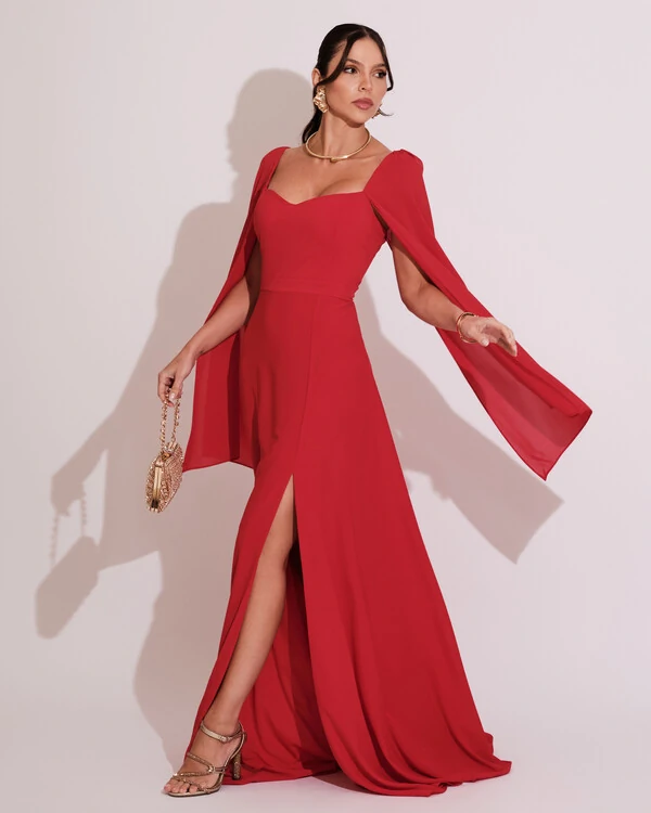 Vestido de Festa Longo com Capa Vermelho
