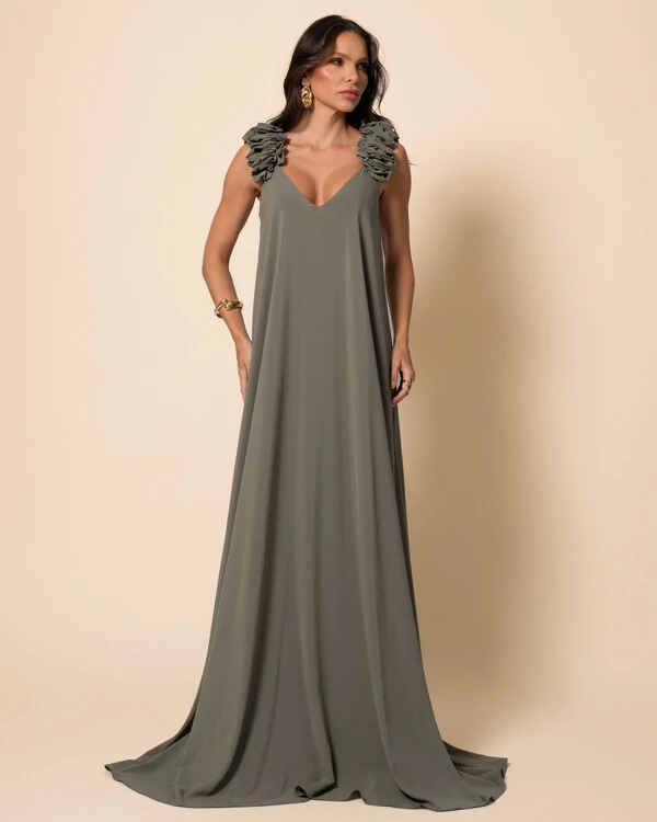 Vestido de Festa Longo Crepe Fluido Decote em V Flores Verde Oliva