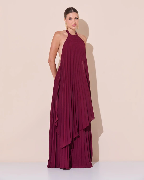 Vestidos de Festa Longo Chiffon Fluido Frente Única Plissado Duplo Marsala