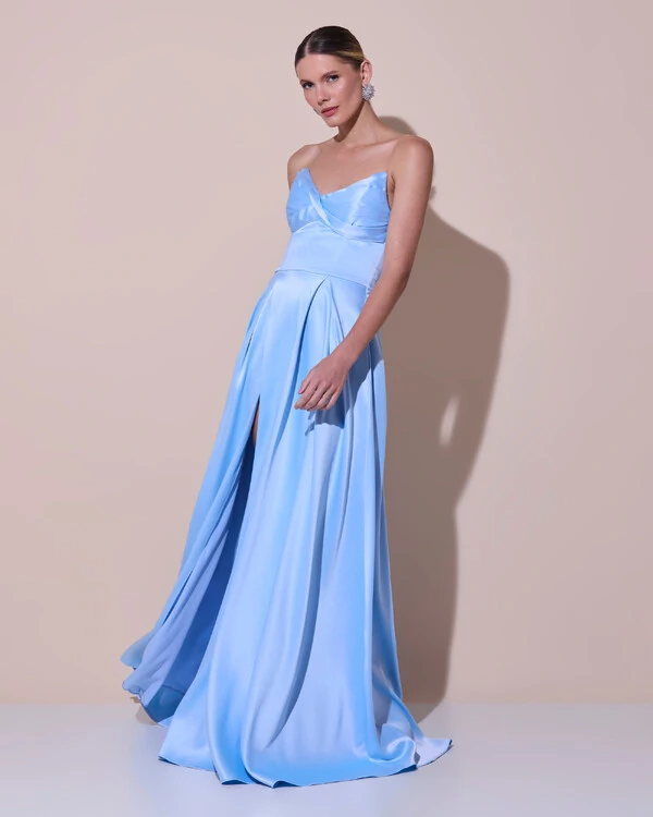 Vestido de Festa Longo Tomara que Caia Cetim Decote Coração Fenda Serenity