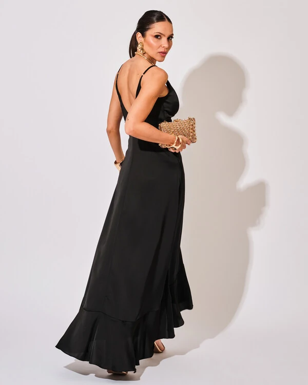 Vestido Midi Babado Acetinado Preto