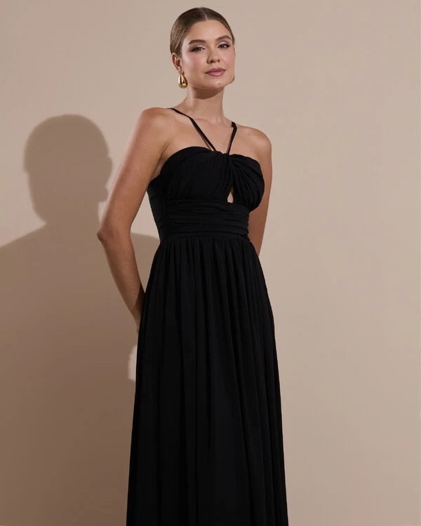 Vestido de Festa Longo Crepe Chiffon Drapeado com Alças Finas Preto
