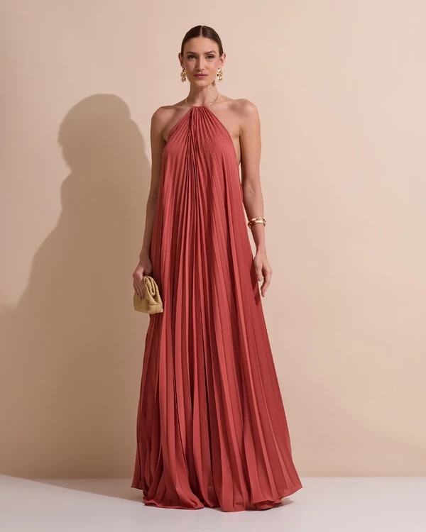 Vestido de Festa Longo Frente Única Plissado Crepe Chiffon Argola Terracota