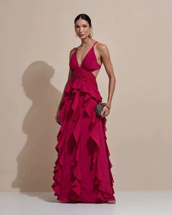 Vestido de Festa Longo Decote V Recortes Drapeado Crepe Chiffon Babados Cascata Cereja