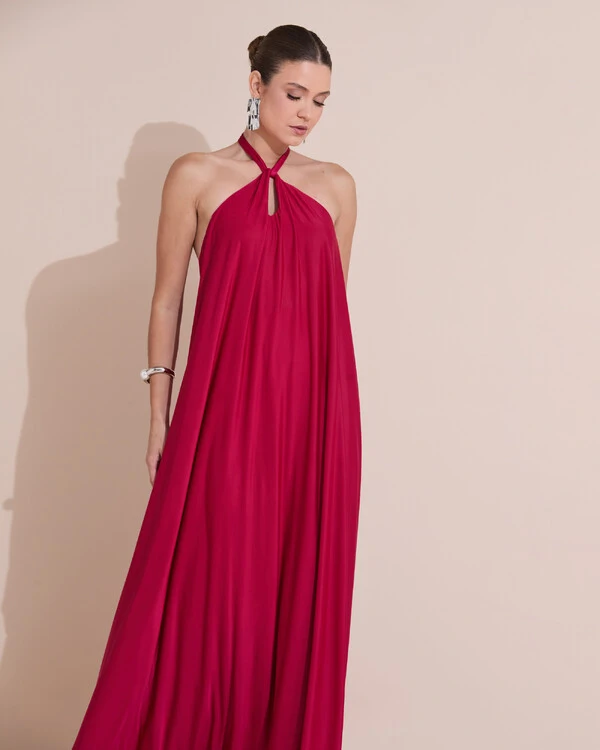 Vestido Longo com Amarração em Malha Cereja