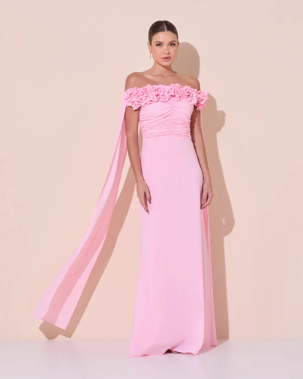 Vestido de Festa Longo Ombro a Ombro Plissado Crepe Chiffon Capa Flor 3D Rosa Claro