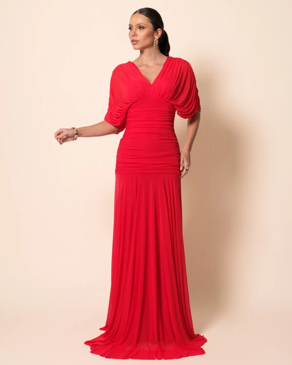 Vestido de Festa Longo Tule Manga Curta Drapeado Vermelho